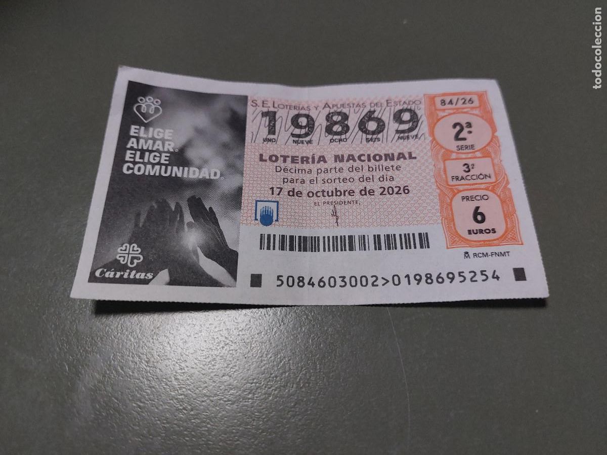 Loter&iacute;a nacional: 19869 84/26 El Jueves. D&eacute;cimo de Loteria Nacional. Buen estado. s-2