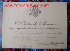 Manuscritos antiguos: Tarjeta de visita: EL OBISPO DE MENORCA. - Foto 1
