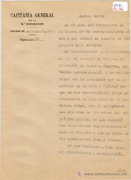 Manuscritos antiguos: (FL-36)DOCUMENTO CAPITANIA GENERAL DE LA 4&ordf;REGION - Foto 1