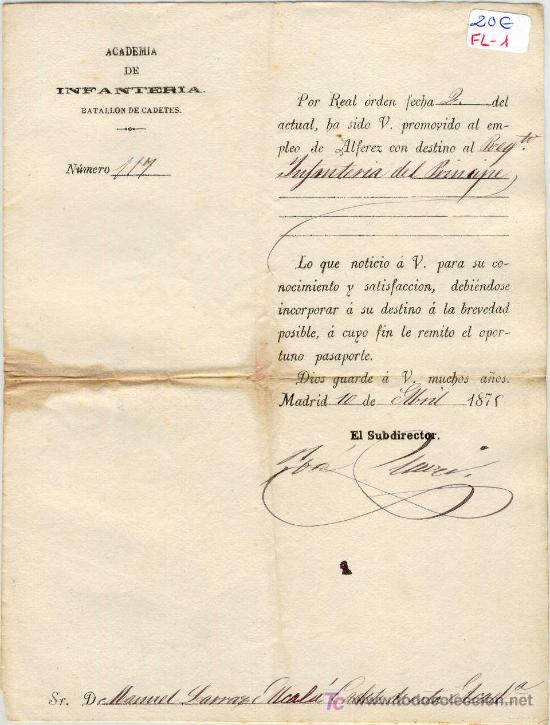 Manuscritos antiguos: (FL-1)DOCUMENTO ACADEMIA DE INFANTERIA BATALLON DE CADETES - Foto 1