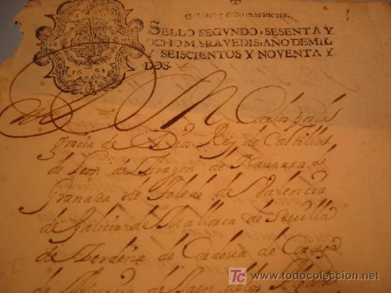 Manuscritos antiguos: MANUSCRITO A&Ntilde;O 1692 SELLO CARLOS II - Foto 1