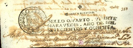 Manuscritos antiguos: SELLO QUARTO, VEINTE MARAVEDIS, A&Ntilde;O 1780 - Foto 1