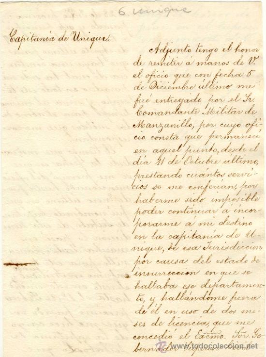 Manuscritos antiguos: (CU-6)DOCUMENTO DE LA CAPITANIA DE UNIQUE A&Ntilde;O 1869 ISLA DE CUBA - Foto 1
