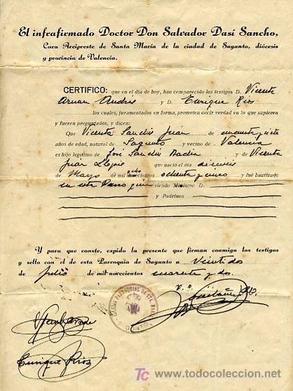 Manuscritos antiguos: DOCUMENTO DE SAGUNTO, VALENCIA, 1942 - Foto 1