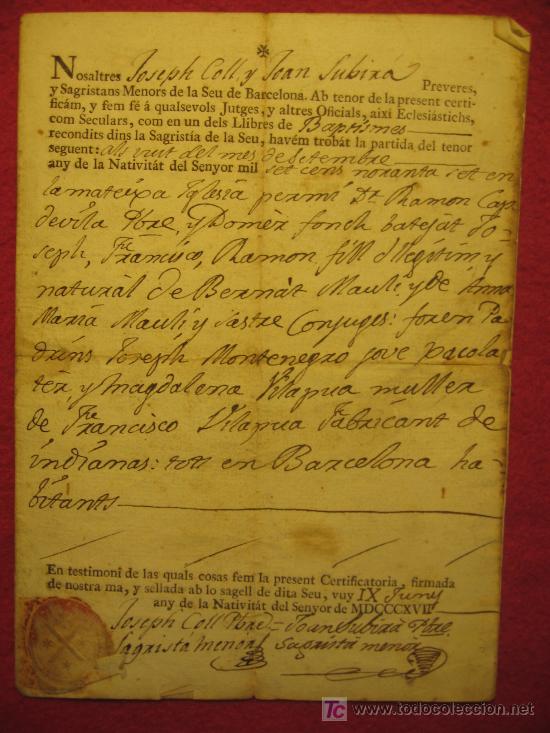 Manuscritos antiguos: DOCUMENTO DE BAUTISMO 1817 - LA SEU DE BARCELONA - Foto 1