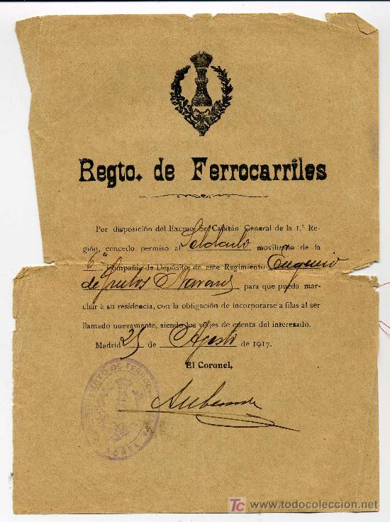 Manuscritos antiguos: CONCESION DE PERMISO - REGTO. DE FERROCARRILES. A&Ntilde;O 1917 - Foto 1