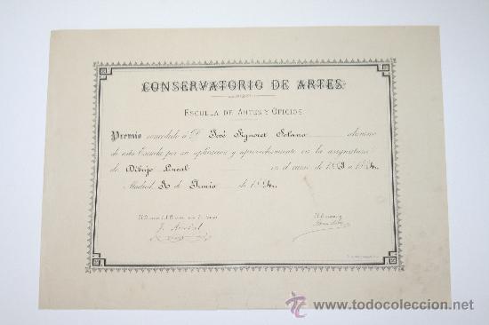 Manuscritos antiguos: 1884. Diploma del Conservatorio de Artes - Foto 1