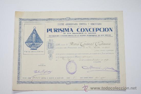 Manuscritos antiguos: 1936. T&iacute;tulo de lustre Cofrad&iacute;a de la Pur&iacute;sima Concepci&oacute;n - Foto 1