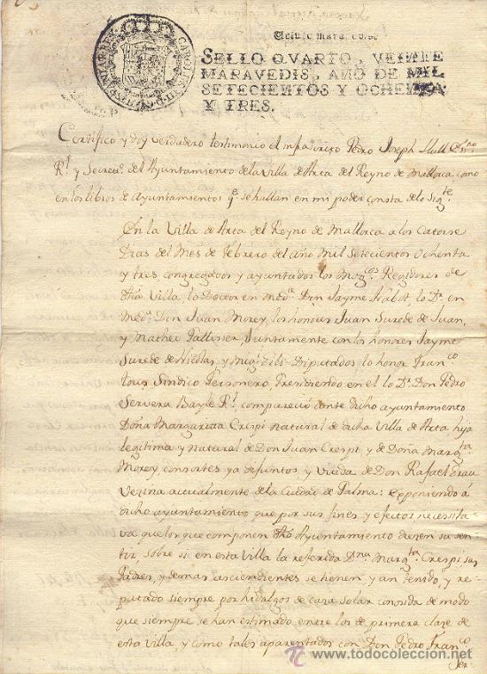Manuscritos antiguos: DOCUMENTO 1783 DOS HOJAS ART&Aacute; ARTA ART&Agrave; MALLORCA - Foto 1