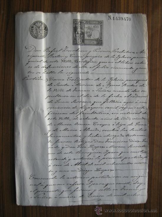 Manuscritos antiguos: DOCUMENTO CERTIFICADO ECLECIASTICO A&Ntilde;O 1892 CON BONITOS SELLOS EN SECO E IMPRESOS - Foto 1