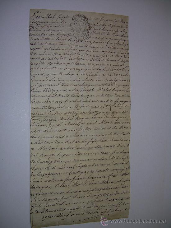 Manuscritos antiguos: TESTAMENTO DE PERGAMINO A&Ntilde;O 1.769....SELLO ROUSSILON  -  PERPIGNAN - Foto 2