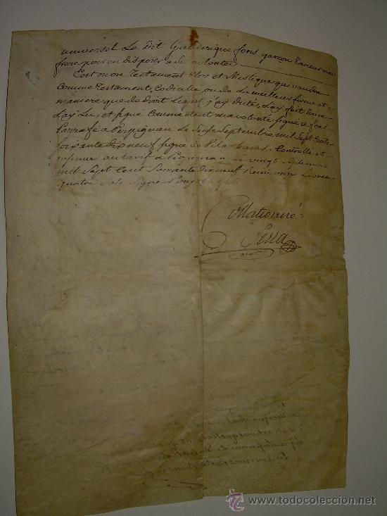 Manuscritos antiguos: TESTAMENTO DE PERGAMINO A&Ntilde;O 1.769....SELLO ROUSSILON  -  PERPIGNAN - Foto 8