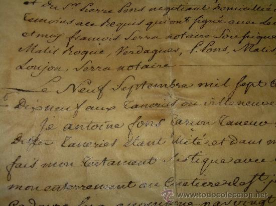 Manuscritos antiguos: TESTAMENTO DE PERGAMINO A&Ntilde;O 1.769....SELLO ROUSSILON  -  PERPIGNAN - Foto 9