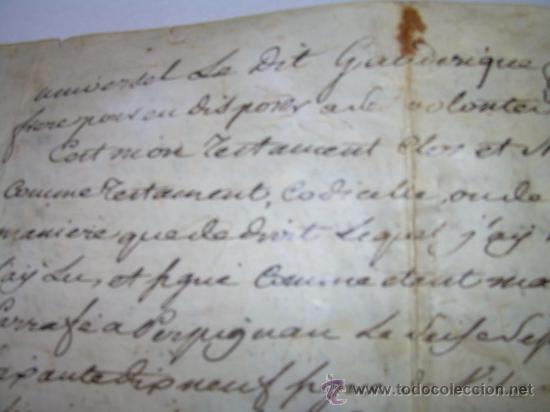 Manuscritos antiguos: TESTAMENTO DE PERGAMINO A&Ntilde;O 1.769....SELLO ROUSSILON  -  PERPIGNAN - Foto 12