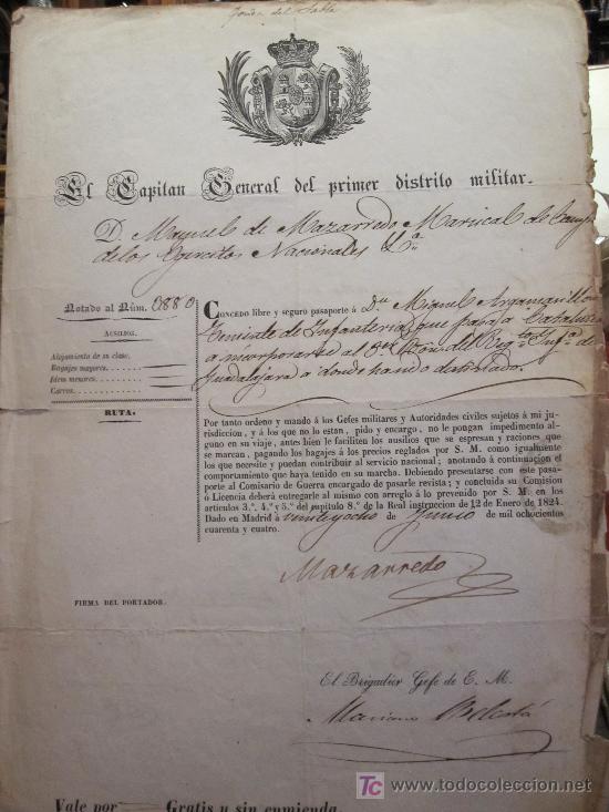 Manuscritos antiguos: PASAPORTE CONCEDIDO POR EL CAPIT&Aacute;N GENERAL DE MAZARREDO, 1844. - Foto 1
