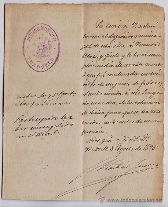 Manuscritos antiguos: documento - vendrell - juzgado municipal - manuscrito - a&ntilde;o 1895 - Foto 1