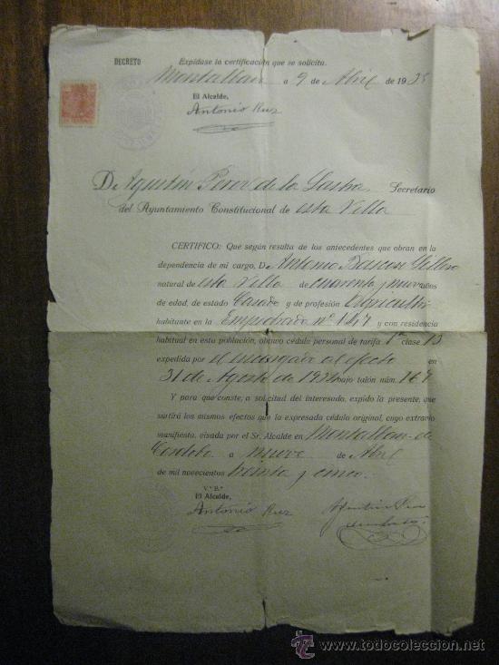 Manuscritos antiguos: DOCUMENTO MANUSCRITO - CERTIFICACION  DE CONCESION DE CEDULA PERSONAL A&Ntilde;O 1935 - Foto 1