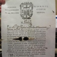 Manuscritos antiguos: GRANADA: RARÍSIMO E IMPORTANTE DOCUMENTO ECONÓMICO DE SUBSIDIO EXTRAORDINARIO, 1802, S. XIX