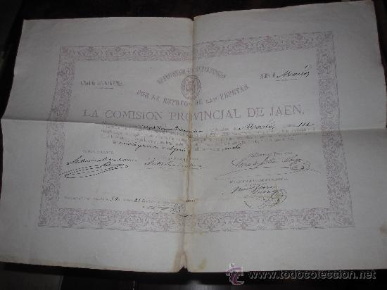 Manuscritos antiguos: DOCUMENTO RARO: RESGUARDO DE SUSTITUCION, COMISION PROVINCIAL DE JAEN, 1874. - Foto 1