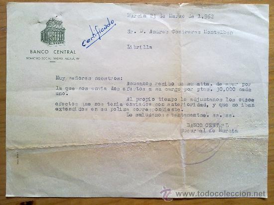 Manuscritos antiguos: E45-DOCUMENTO Banco central Murcia Madrid Librilla - Foto 1