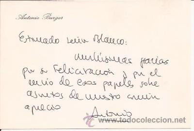 Manuscritos antiguos: TARJETA MANUSCRITA DE ANTONIO BURGOS - Foto 1