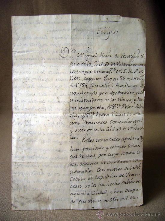 Manuscritos antiguos: MANUSCRITO, 1793, SUPLICATORIO JUEZ DE VALENCIA, POR CEDULA DE EXPULSION DE FRANCESES APODERADOS - Foto 3