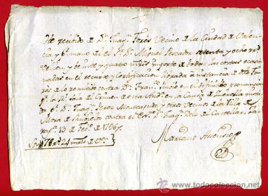 Manuscritos antiguos: DOCUMENTO RECIBO COSTAS JUDICIALES, VALENCIA 1796 , ORIGINAL, &Ntilde;3 - Foto 1