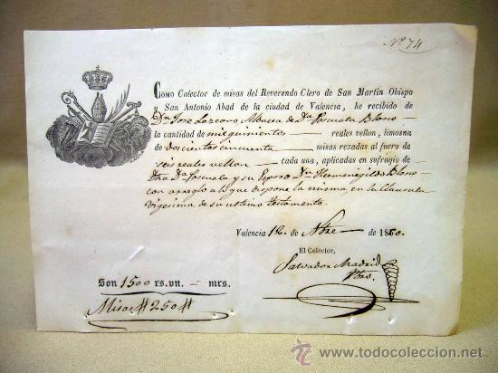 Manuscritos antiguos: DOCUMENTO, MANUSCRITO, 1860, VALENCIA, RECIBO - Foto 1