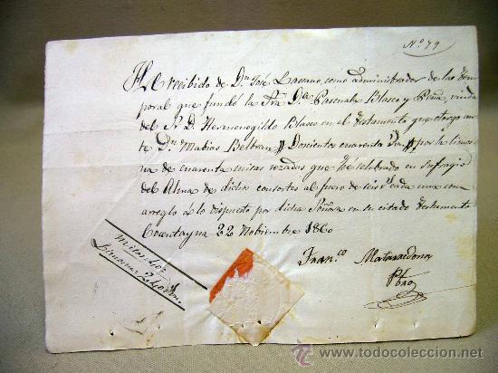 Manuscritos antiguos: DOCUMENTO, MANUSCRITO, RECIBO, 1860, VALENCIA, CON CU&Ntilde;O, RELIEVE - Foto 1