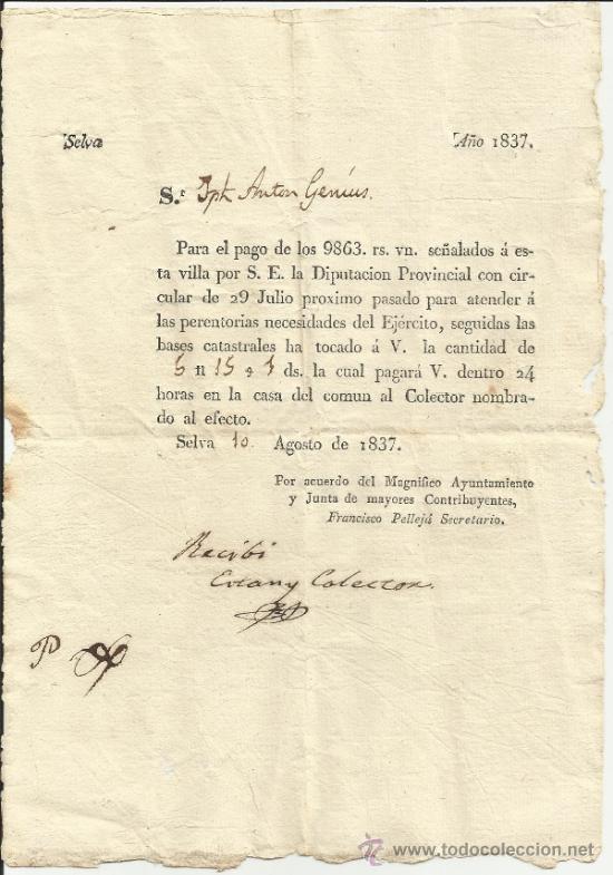 Manuscritos antiguos: LA SELVA DEL CAMP (TARRAGONA). 1837 - Foto 1
