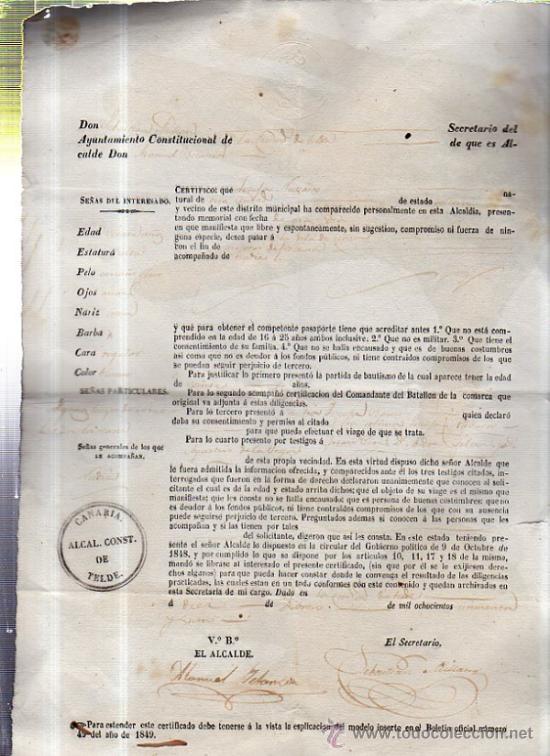 Manuscritos antiguos: PASAPORTE PARA LA ISLA DE CUBA DESDE TELDE, 1845 - Foto 1