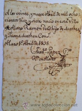 Manuscritos antiguos: Manuscrito, partida de nacimiento de 1817, Alar&oacute;, Mallorca. - Foto 1