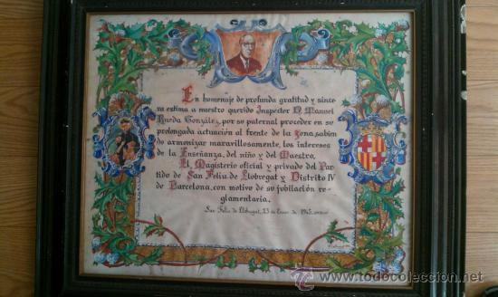 Manuscrits anciens: 1945.PERGAMINO HOMENAJE A MANUEL RUEDA GONZALEZ MAGISTERIO ALMERIA SANT FELIU DE LLOBREGAT BARCELONA