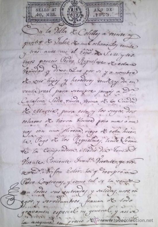 Manuscritos antiguos: RARISIMO DOCUMENTO DE LA VILLA DE LAS TORRES DE COTILLAS MURCIA DEL A&Ntilde;O 1823 - Foto 1