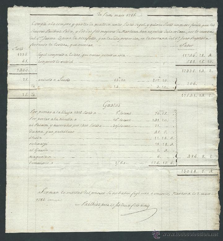 Manuscritos antigos: factura manuscrito a&ntilde;o 1786 de importar habichuelas de narbonne francia a catalu&ntilde;a