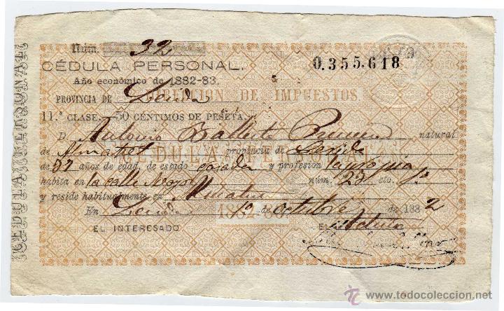 Manuscritos antiguos: C&eacute;dula Personal \ L&eacute;rida \ 1 de octubre de 1882 - Foto 1