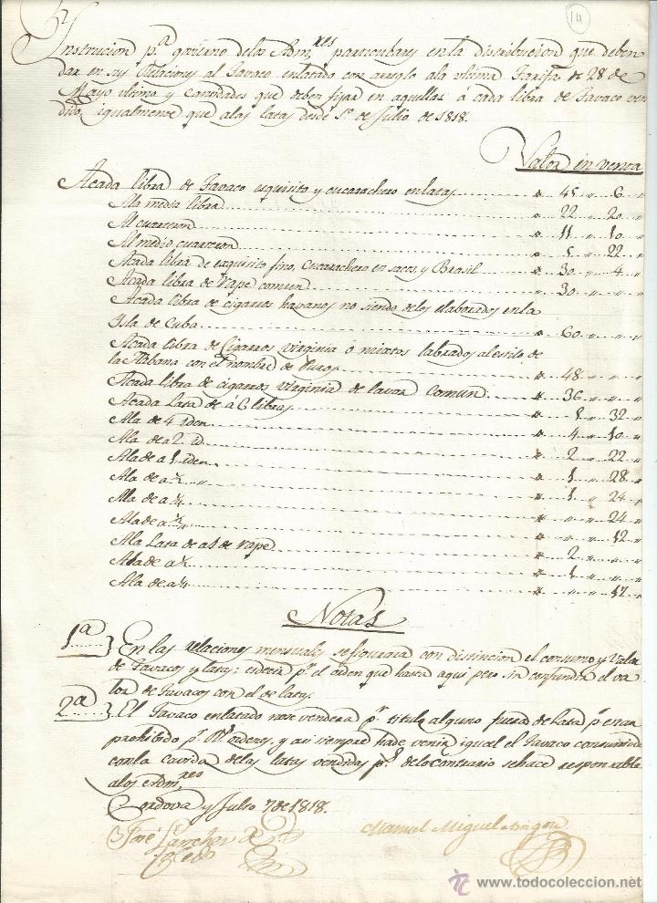 Manuscritos antiguos: TARIFAS DE TABACO ENLATADO. C&oacute;rdoba 1818 - Foto 1
