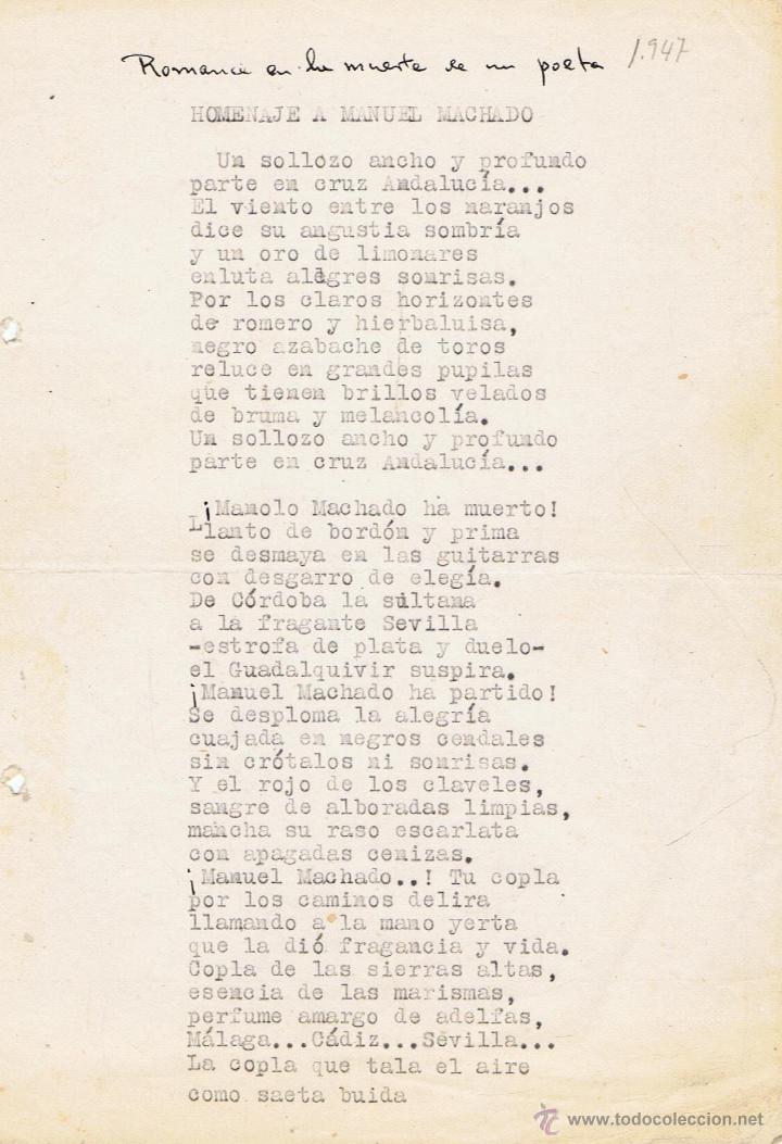 Manuscritos antiguos: HOMENAJE A MANUEL MACHADO. - Foto 1