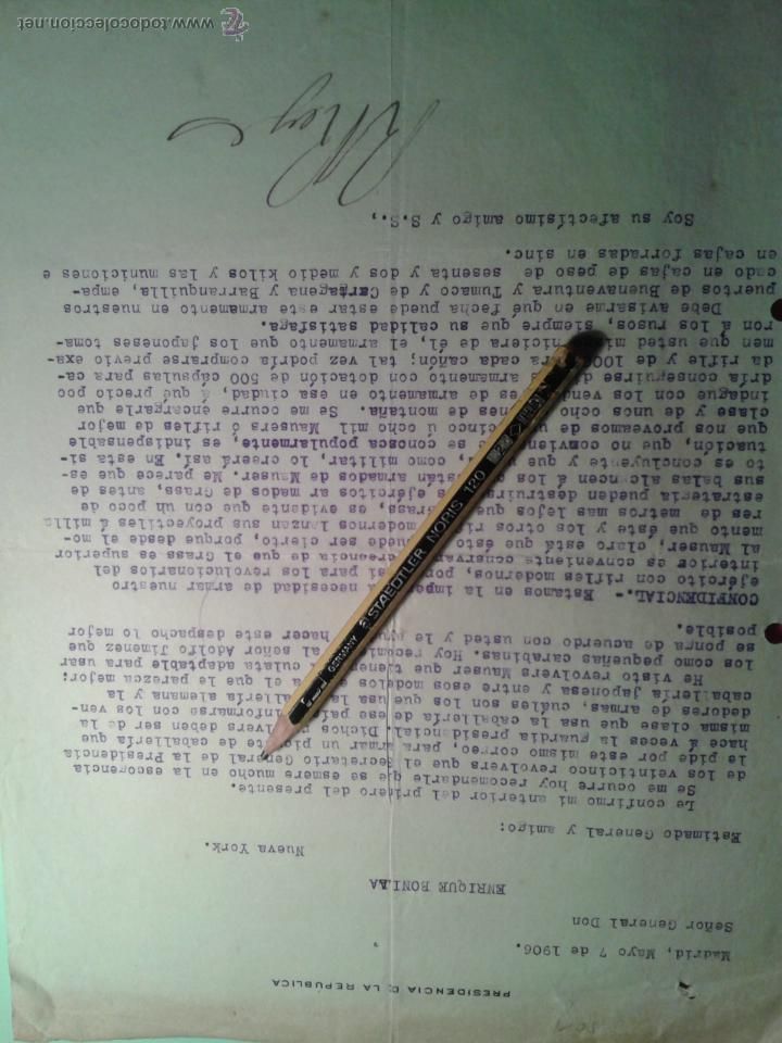 Manuscritos antiguos: CARTA PRESIDENTE COLOMBIA RAFAEL REYES PRIETO.COMPRA REVOLVER GUARDIA PRESIDENCIAL Y ARMAS EJERCITO