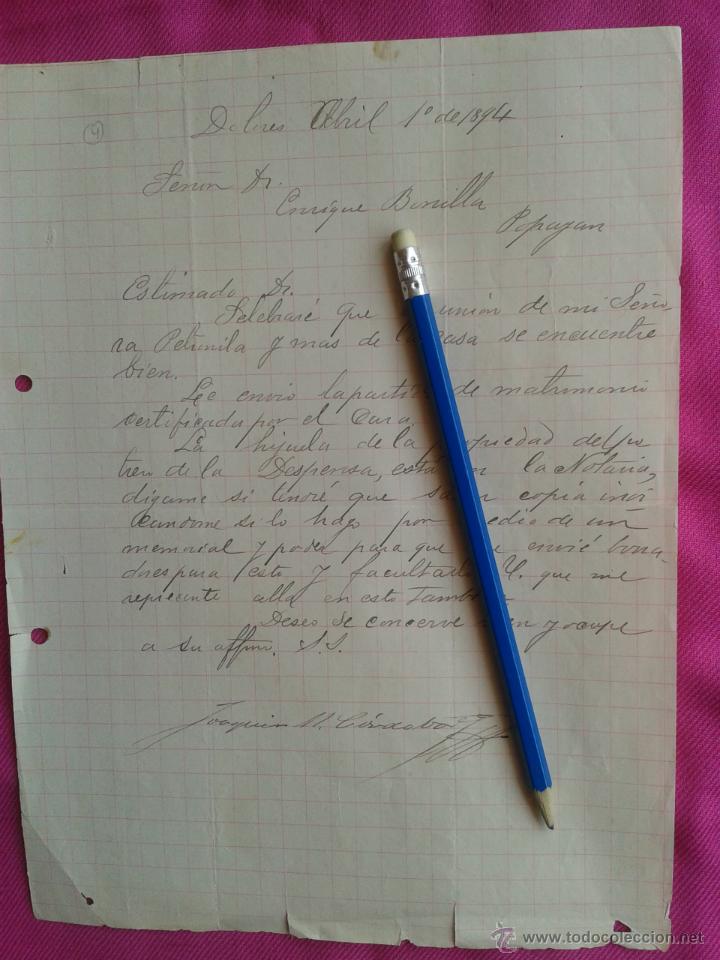 Manoscritti antichi: COLOMBIA. CARTA DEL GENERAL JOAQUIN MARIA CORDOBA A LUIS ENRIQUE BONILLA. POTRERO LA DESPENSA. 1894