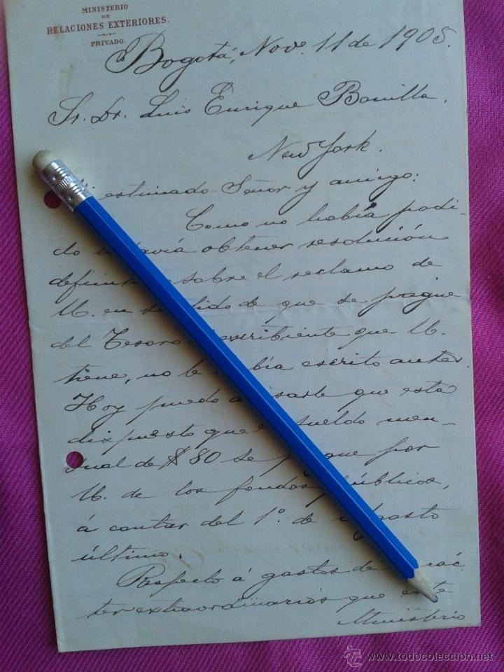 Manoscritti antichi: CARTA. PRESIDENTE COLOMBIA CLIMACO CALDERON REYES, A LUIS ENRIQUE BONILLA, CONSUL NEW YORK. 1905