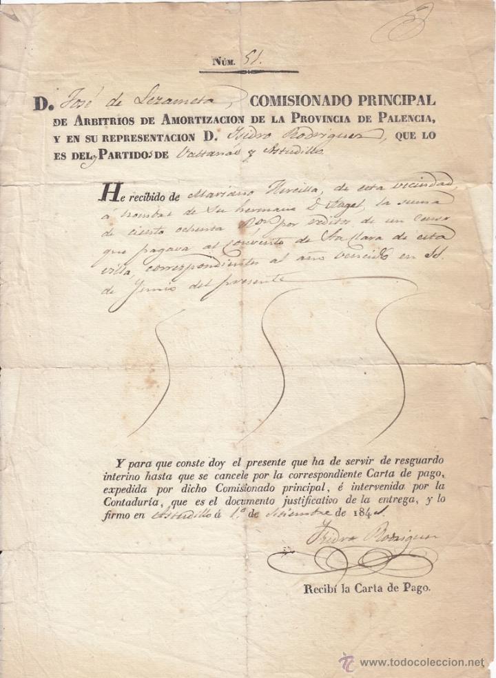Manuscritos antiguos: DOCUMENTO ASTUDILLO. PALENCIA. 1841. ARBITRIOS DE AMORTIZACI&Oacute;N. - Foto 1