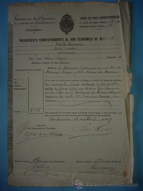 Manuscritos antiguos: carta de pago, cubierta a mano, de 9 de abril de 1887. - Foto 1