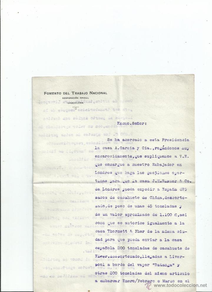 Manuscritos antiguos: 1916 JOS&Eacute; DE CARALT Y SALA AL CONDE DE ROMANONES. 45 TN DE CACAHUETES DE CHINA