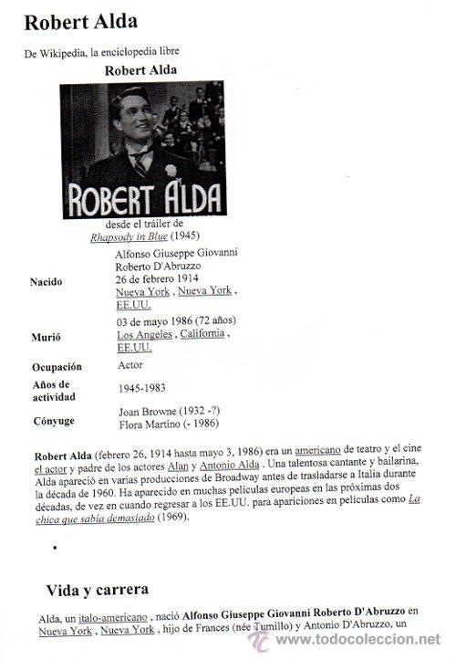 Manuscritos antiguos: SIGNED, AUTOGRAPH. FIRMA. ROBERT ALDA ACTOR . LEER - Foto 2