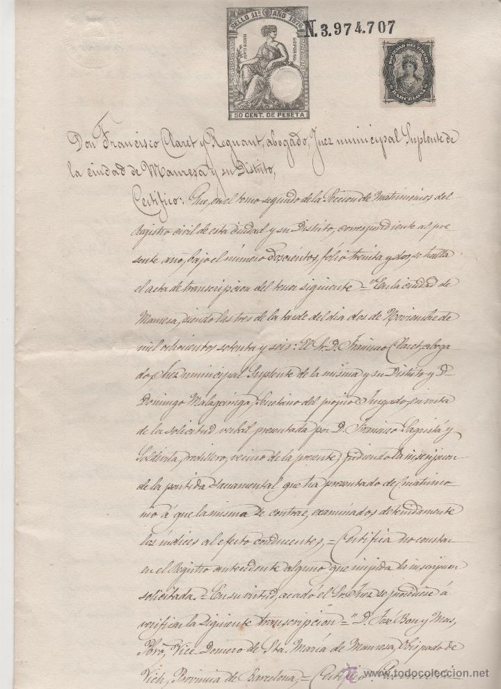 Manuscritos antiguos: documento notarial de boda manresa 1876 - Foto 1