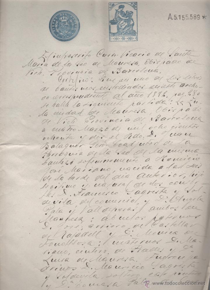 Ancient Manuscripts: certificado de bautismo - documento de bautismo con timbre del estado, manresa 1882 manuscrito