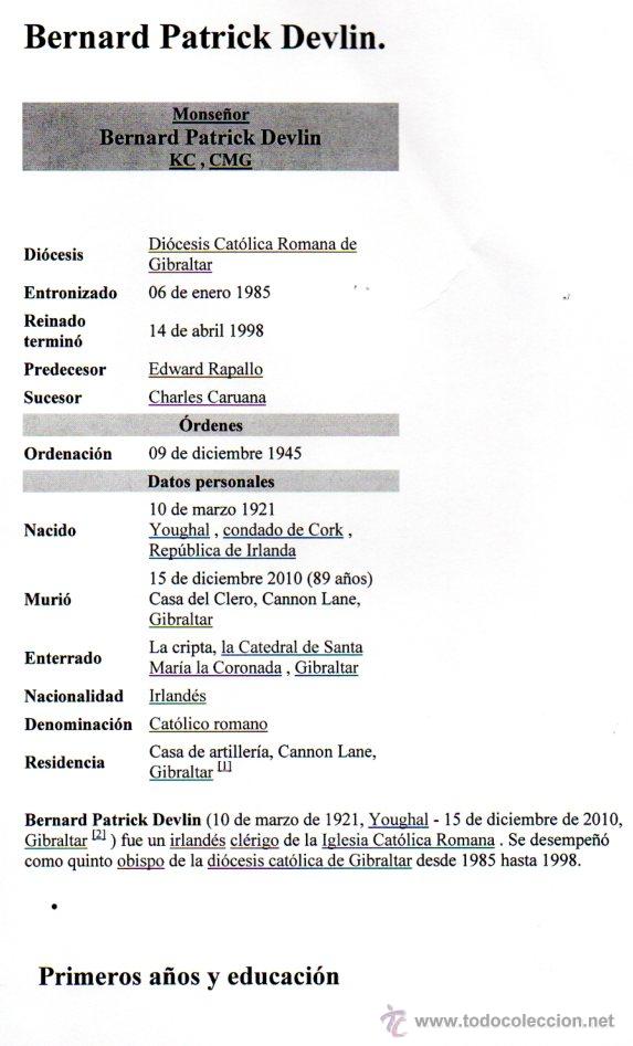 Manuscritos antiguos: SIGNED,AUTOGRAPH,FIRMA, BERNARD PATRICK DEVLIN,OBISPO DE LA DIOCESIS DE GIBRALTAR.LEER. - Foto 2