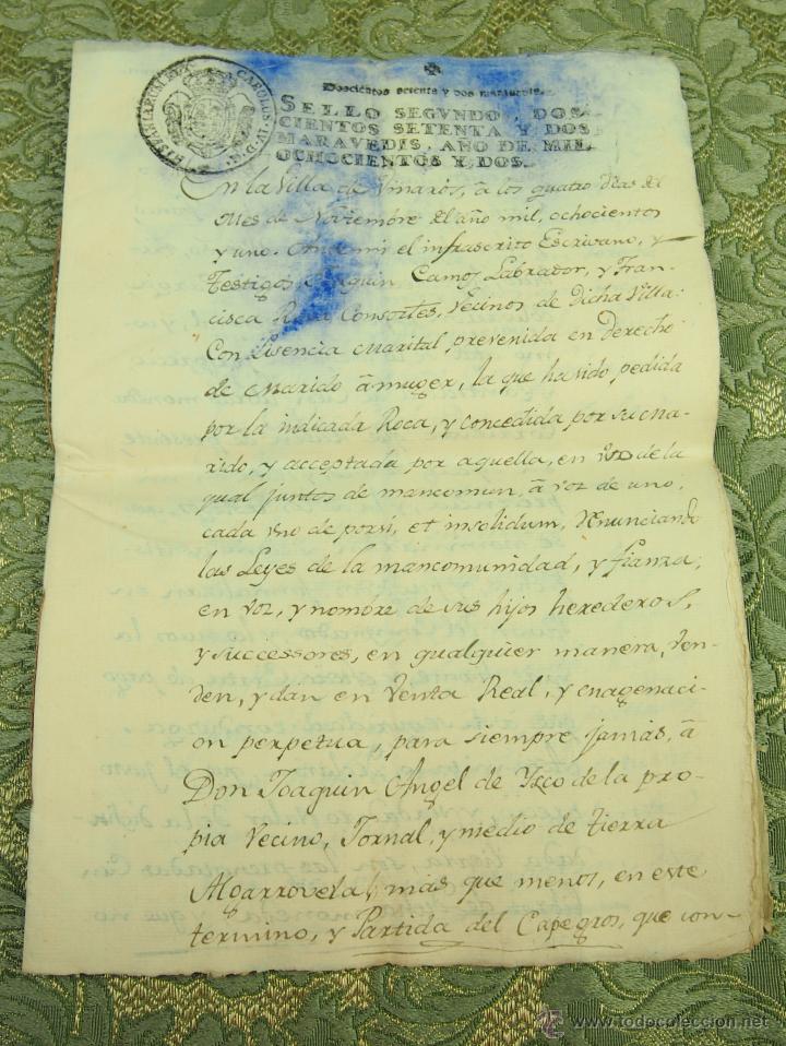 Manuscritos antiguos: DO-059. DOCUMENTO DE COMPRA DE UN ALGARROBEDO.MANUSCRITO.CAPEGROS. VINAR&Oacute;S. ESPA&Ntilde;A.1802. - Foto 1