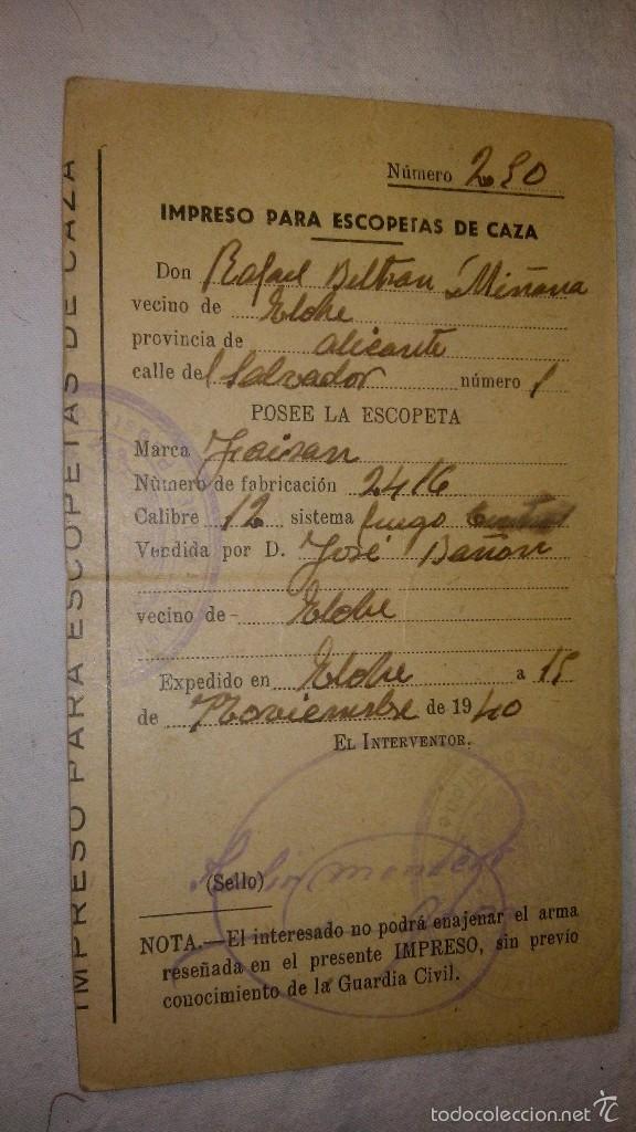 Manuscritos antiguos: ANTIGUO DOCUMENTO ORIGINAL ESCOPETA DE CAZA, ELCHE A&Ntilde;O 1940 - Foto 1